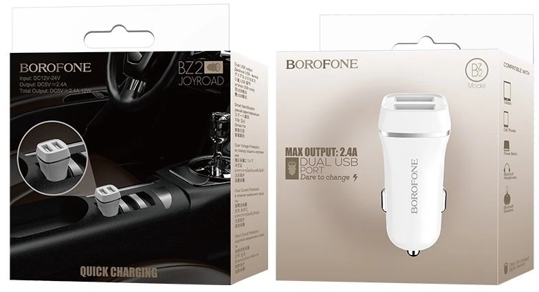 Dėklas Įkroviklis automobilinis Borofone BZ2 su dviem USB jungtimis (2.4A) baltas