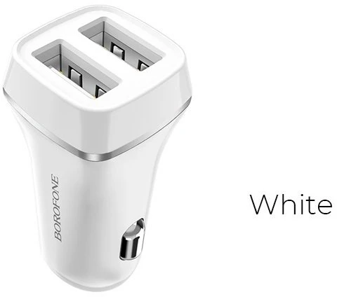 Dėklas Įkroviklis automobilinis Borofone BZ2 su dviem USB jungtimis (2.4A) baltas