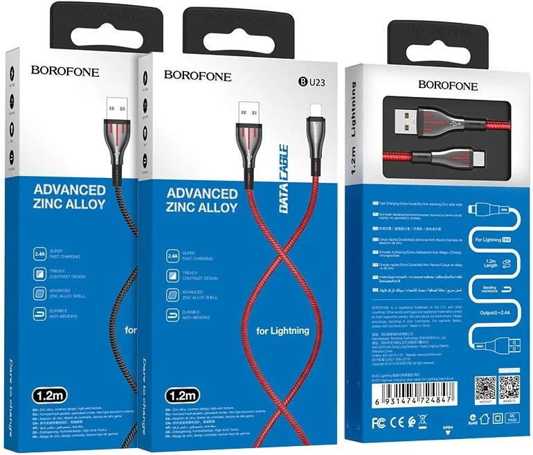 Borofone Highway - 1.2m USB to Lightning Connection Cable Juodas / Raudona