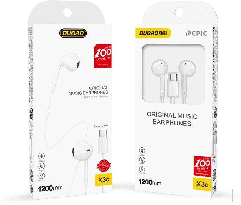 Dudao X3C į ausis įkišamos su laidu USB-C ausinės 1.2m - baltos spalvos