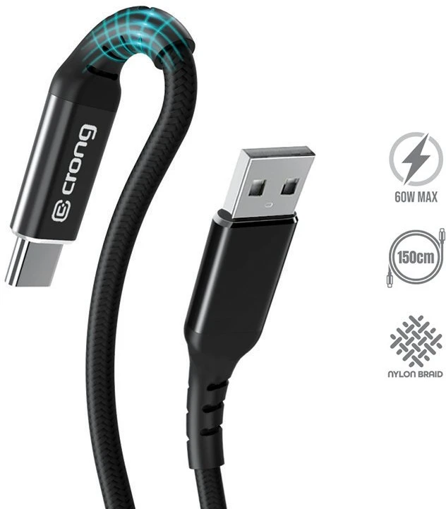 „Crong Armor Link“ – USB-C į USB-A 60 W pintas kabelis, maitinimo tiekimas, greitas įkrovimas, 150 cm juodos spalvos