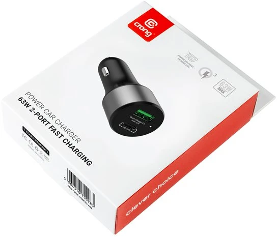 Crong Power Car Charger 63W – USB-C PD 45W automobilinis įkroviklis + USB QC 3.0 18W (juodas)