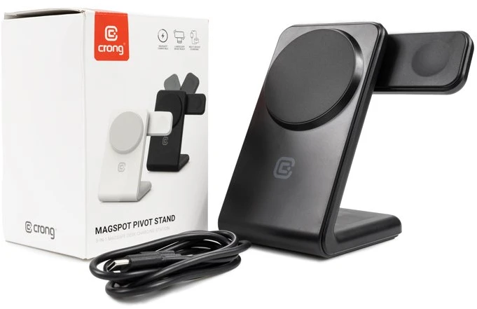Crong MagSpot Pivot Stand - MagSafe įkroviklis for Apple iPhone, Apple Watch and AirPods Shadow juodos spalvos