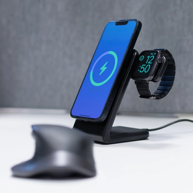 Crong MagSpot Pivot Stand - MagSafe įkroviklis for Apple iPhone, Apple Watch and AirPods Shadow juodos spalvos