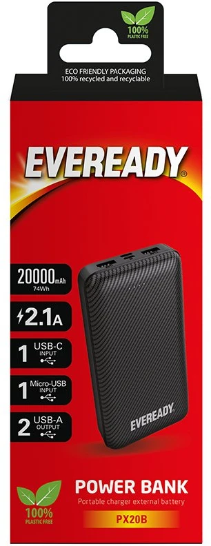 „Eveready PX20B“ – išorinė baterija, 20000 mAh, 2x USB-A, juoda