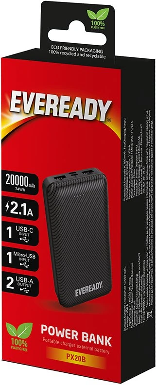 „Eveready PX20B“ – išorinė baterija, 20000 mAh, 2x USB-A, juoda