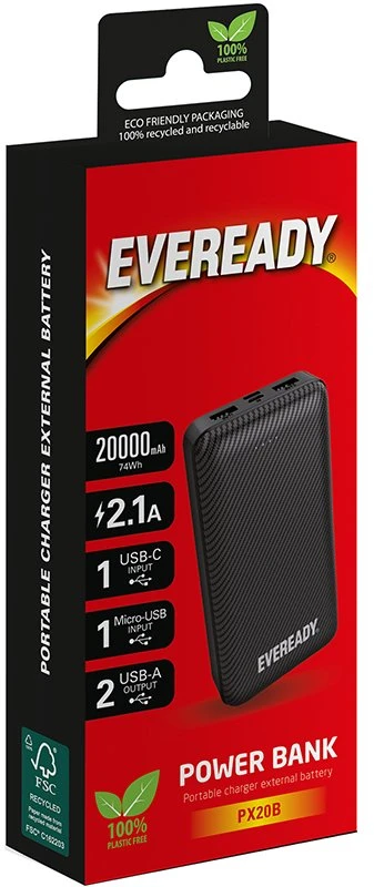 „Eveready PX20B“ – išorinė baterija, 20000 mAh, 2x USB-A, juoda