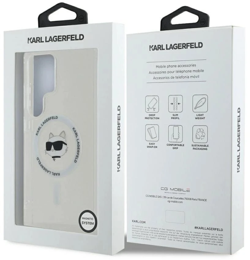Dėklas Karl Lagerfeld Button Choupette Head Printed Logo MagSafe Samsung Galaxy S25 Ultra baltas