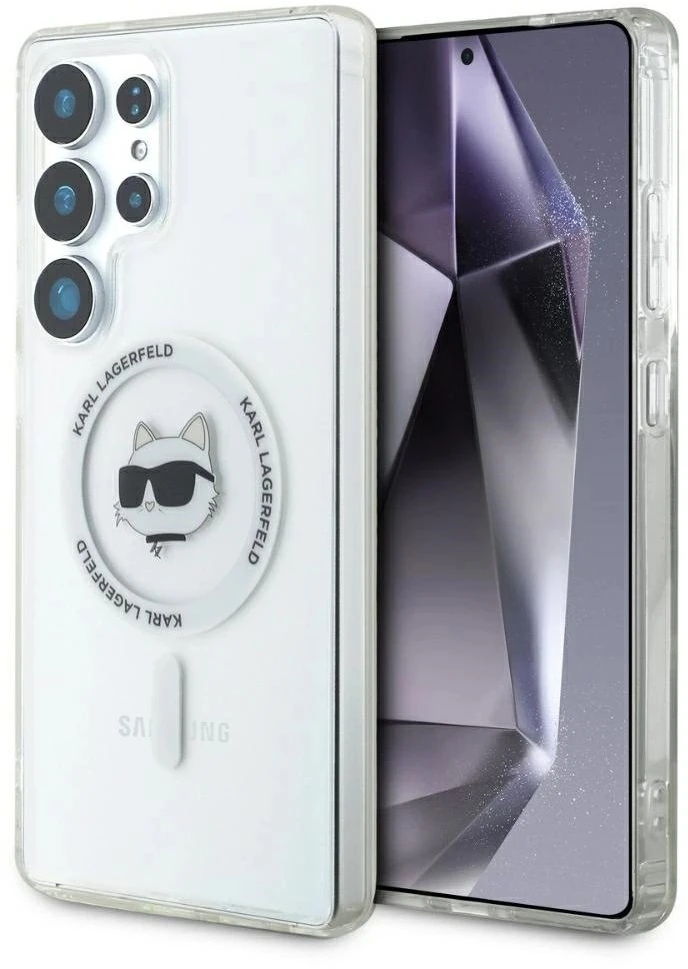 Dėklas Karl Lagerfeld Button Choupette Head Printed Logo MagSafe Samsung Galaxy S25 Ultra baltas