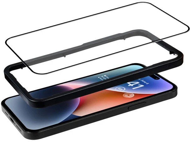 „Crong“ antibakterinis 3D „Armour Glass“ – 9H apsauginis stiklas, skirtas visam „Apple iPhone 14 Pro“ ekranui + montavimo rėmelis