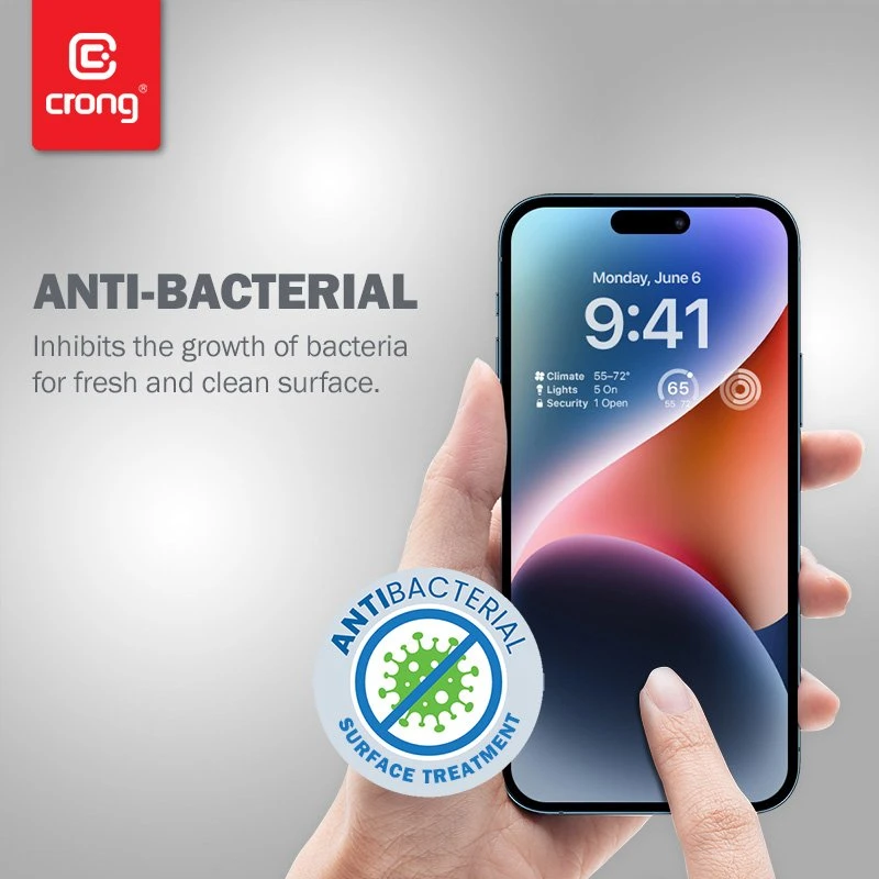 „Crong“ antibakterinis 3D „Armour Glass“ – 9H apsauginis stiklas, skirtas visam „Apple iPhone 14 Pro“ ekranui + montavimo rėmelis