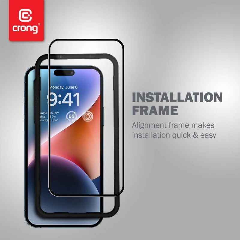 „Crong“ antibakterinis 3D „Armour Glass“ – 9H apsauginis stiklas, skirtas visam „Apple iPhone 14 Pro“ ekranui + montavimo rėmelis