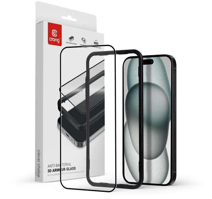 Crong Anti-Bacterial 3D Armour Glass - 9H Full Glue Apsauginis stiklas skirtas Apple iPhone 16 Plus / Apple iPhone 15 Plus + installation frame
