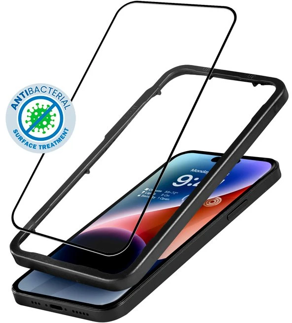 „Crong“ antibakterinis 3D „Armour Glass“ – 9H apsauginis stiklas, skirtas visam „Apple iPhone 14 Pro“ ekranui + montavimo rėmelis