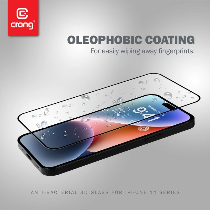 „Crong“ antibakterinis 3D „Armour Glass“ – 9H apsauginis stiklas, skirtas visam „Apple iPhone 14 Pro“ ekranui + montavimo rėmelis