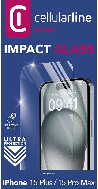 „Cellular Line Cellularline Impact Glass“ – grūdintas apsauginis stiklas, skirtas „Apple iPhone 15 Plus“ / „Apple iPhone 15 Pro Max“.