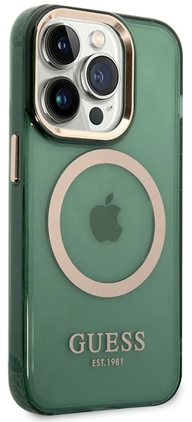 Guess dėklas, skirtas iPhone 14 Pro 6,1 GUHMP14LHTCMA khaki spalvos hard dėklas, skirtas Gold Outline Translucent MagSafe