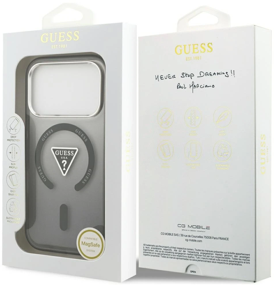 GUESS dėklas, skirtas IPHONE 17 Pro Max, suderinamas su MagSafe GUHMP17XHGTMLCGK (IML gradientas su trikampio logotipu), juodas
