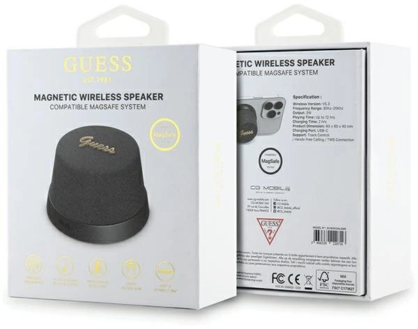 Dėklas Guess magnetinis Bluetooth garsiakalbis su MagSafe tvirtinimu, juodas