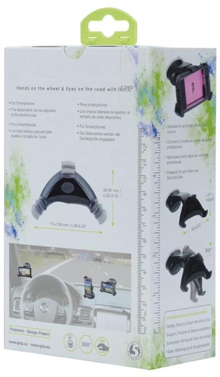 „iGrip Universal Smart Grip'R x'tra Kit“ – universalus automobilinis laikiklis išmaniesiems telefonams, kurių skersmuo 56–81 mm / aukštis 114–138 mm