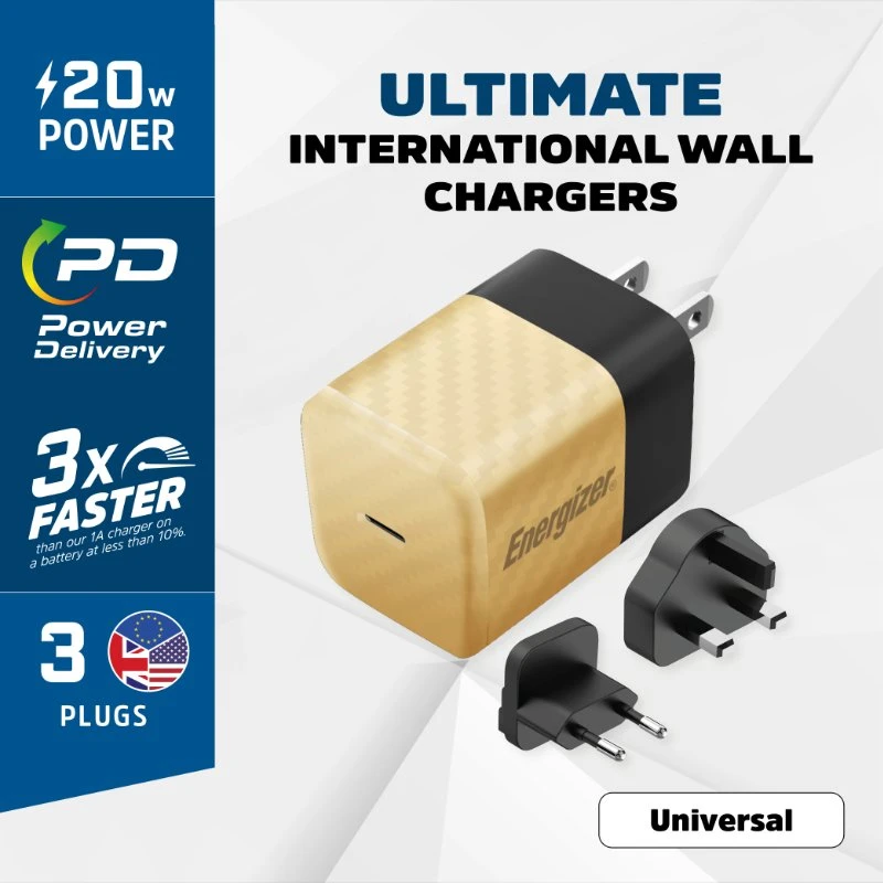 Dėklas Energizer Ultimate - Multiplug EU / UK / US GaN 20W PD mains įkroviklis aukso spalvos