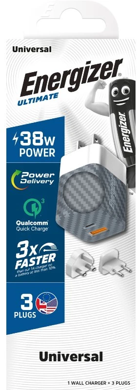 Energizer Ultimate - Multiplug EU / UK / US mains įkroviklis GaN 38W PD + QC3.0 sidabro spalvos