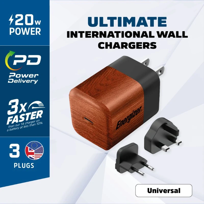 Dėklas Energizer Ultimate - Įkroviklis jungiama į tinklą podróżna Multiplug EU / UK / US GaN USB-C 20W PD (Walnut burl)