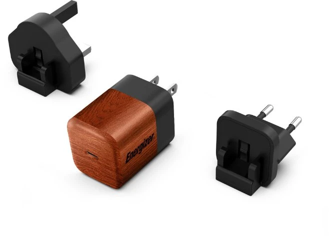 Dėklas Energizer Ultimate - Įkroviklis jungiama į tinklą podróżna Multiplug EU / UK / US GaN USB-C 20W PD (Walnut burl)