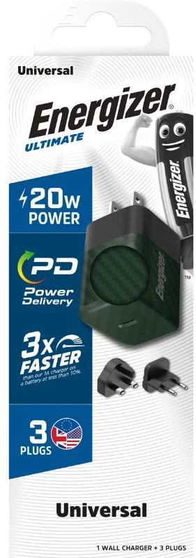 Energizer Ultimate - Multiplug EU / UK / US GaN 20W PD mains įkroviklis žalios spalvos