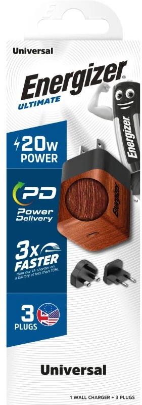 Dėklas Energizer Ultimate - Įkroviklis jungiama į tinklą podróżna Multiplug EU / UK / US GaN USB-C 20W PD (Walnut burl)