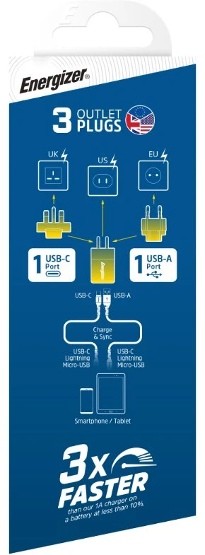 Energizer Ultimate - Multiplug EU / UK / US mains įkroviklis GaN 38W PD + QC3.0 sidabro spalvos