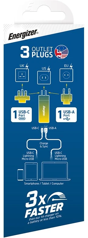 Energizer Ultimate - Multiplug EU / UK / US GaN USB-C & USB-A 65W PD mains įkroviklis sidabro spalvos