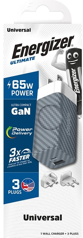 Energizer Ultimate - Multiplug EU / UK / US GaN USB-C & USB-A 65W PD mains įkroviklis sidabro spalvos