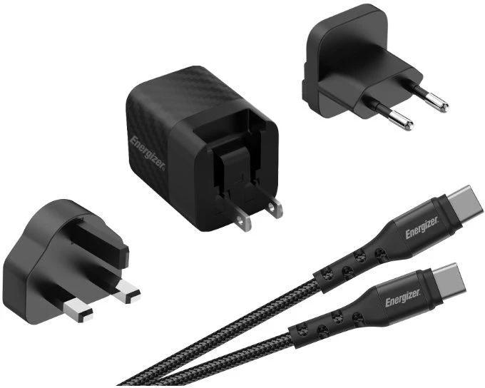 Energizer Ultimate - Įkroviklis jungiama į tinklą podróżna Multiplug EU / UK / US GaN USB-C 20W PD + kabelis USB-C (Juodas)