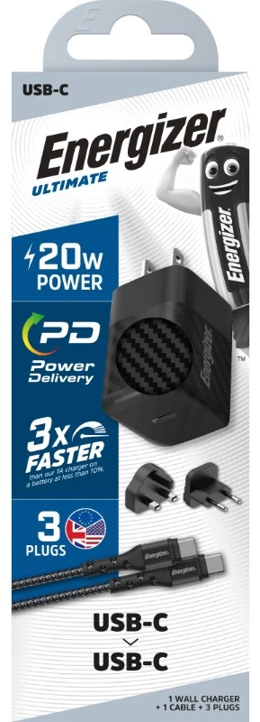Energizer Ultimate - Įkroviklis jungiama į tinklą podróżna Multiplug EU / UK / US GaN USB-C 20W PD + kabelis USB-C (Juodas)