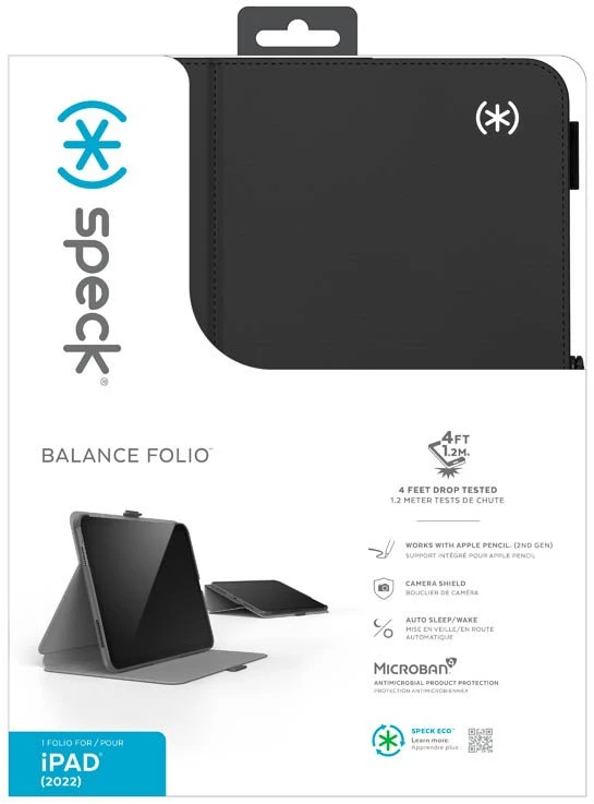 Speck „Balance Folio“, skirtas „iPad 11“ (2025) / 10,9“ (2022) planšetiniams kompiuteriams, su MICROBAN danga, magnetu ir juodu stovu.