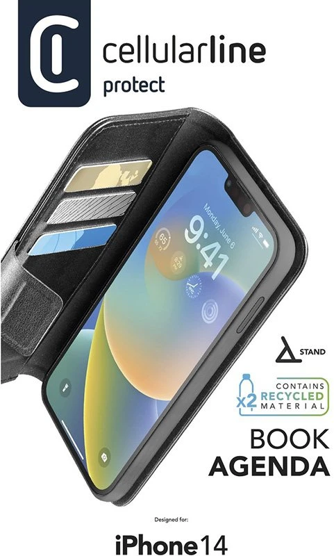 Cellular Line Cellularline Book Agenda - Dėklas iPhone 14 su powłoką MICROBAN (juoda)