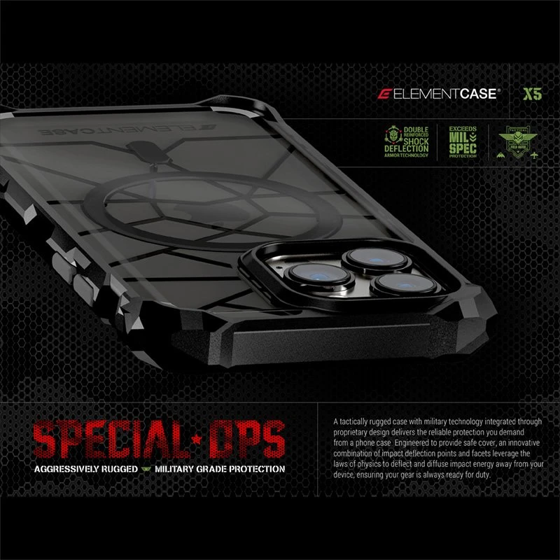 Element Case Element dėklas Special Ops X5 - dėklas skirtas Apple iPhone 14 Mil-Spec Drop Protection Clear/Juodas
