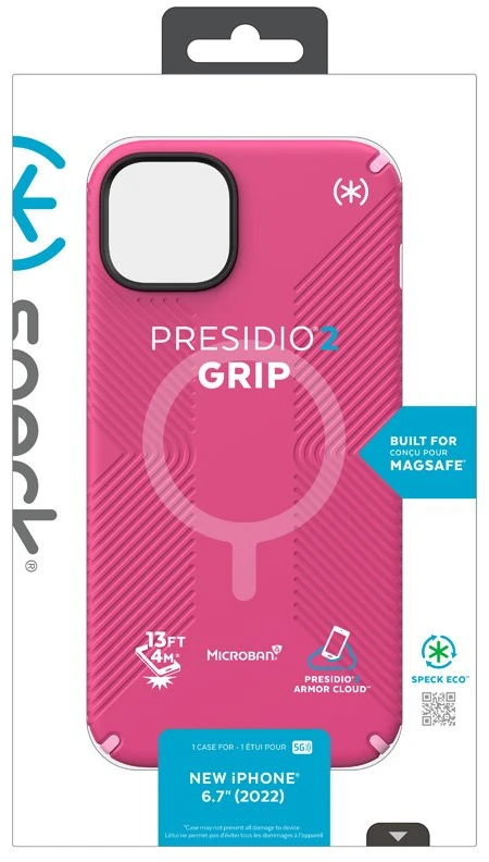 Speck Presidio2 Grip + MagSafe - dėklas skirtas Apple iPhone 14 Plus su MICROBAN coating Digitalpink / Blossompink / Baltas