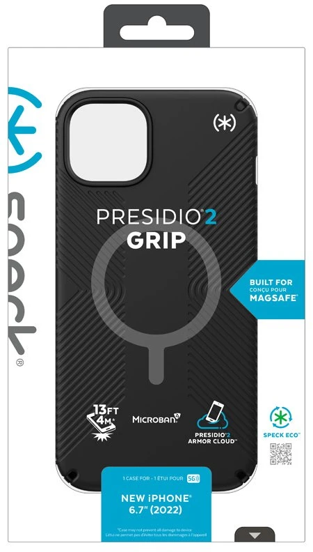 Speck Presidio2 Grip + MagSafe - dėklas skirtas Apple iPhone 14 Plus su MICROBAN coating Juodas / Juodas / Baltas