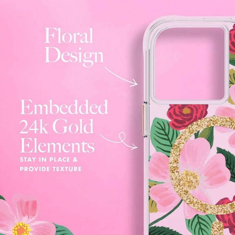 Rifle Paper Clear MagSafe - dėklas decorated in auksinis skirtas Apple iPhone 14 Pro Max Rose Garden