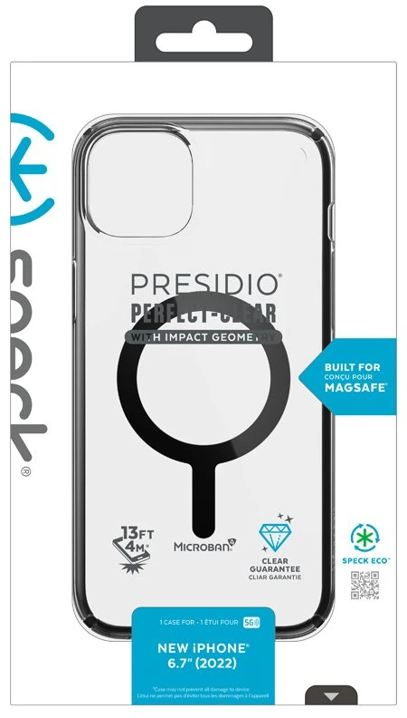Speck Presidio Perfect-Clear su Impact Geometry + MagSafe - dėklas skirtas Apple iPhone 15 Plus / 14 Plus su MICROBAN coating Clear / Juodas