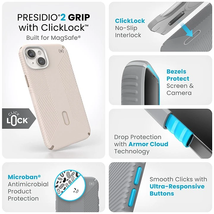 Speck Presidio2 Grip ClickLock & Magsafe - dėklas skirtas Apple iPhone 15 Plus / Apple iPhone 14 Plus Bleached Bone / Heirloom Gold / Hazel Brown