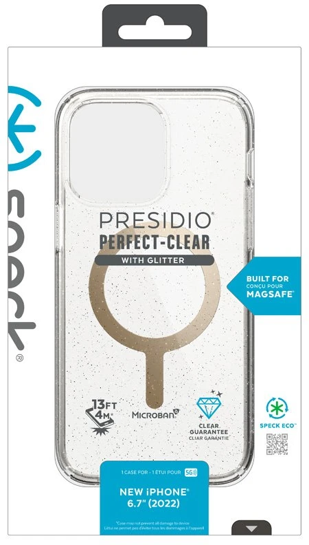 Speck Presidio Perfect-Clear su Glitter + MagSafe - dėklas skirtas Apple iPhone 15 Plus / 14 Plus su MICROBAN coating Clear / Gold Glitter