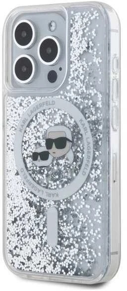 Karl Lagerfeld Liquid Glitter Karl and Choupette Heads MagSafe dėklas telefonui Apple iPhone 15 Pro Max skaidrus