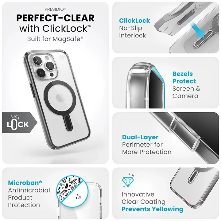 Speck Presidio Perfect-Clear ClickLock & Magsafe - dėklas skirtas Apple iPhone 15 Pro Clear / Frosted Juodas / Slate Pilkas