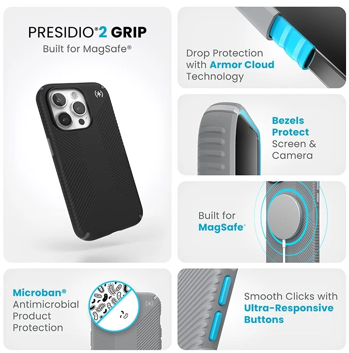Speck Presidio2 Grip Magsafe - dėklas skirtas Apple iPhone 15 Pro Juodas / Slate Pilkas / Baltas