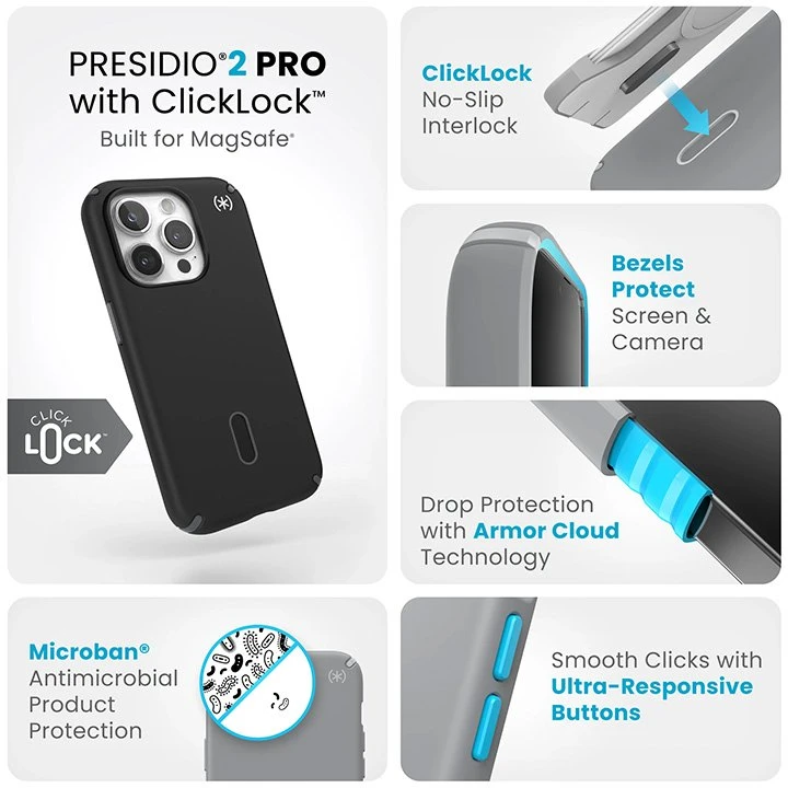 Speck Presidio2 Pro ClickLock & MagSafe - dėklas skirtas Apple iPhone 15 Pro Juodas/Slate Pilkas/Baltas