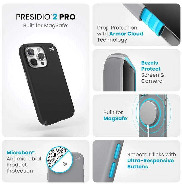 Speck Presidio2 Pro Magsafe - dėklas skirtas Apple iPhone 15 Pro Juodas / Slate Pilkas / Baltas