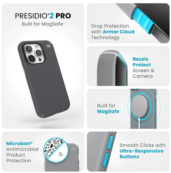 Speck Presidio2 Pro Magsafe - dėklas skirtas Apple iPhone 15 Pro Charcoal Pilkas / Cool Bronze / Baltas
